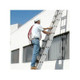 ProTool Ladder Safety DVD, image showing a person climbing an aluminum ladder against a building rooftop, highlighting ladder safety practices.