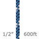 Teufelberger Rope KMIII 1/2in 600 Ft Blue, a close-up view of blue and white braided rope with specifications indicating 1/2 inch diameter and 600 feet length.