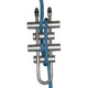 J.Racenstein Rappel Rack 4 Aluminum Bars MIO, climbing rappel rack with four aluminum bars and a blue climbing rope threaded through.