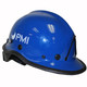 J.Racenstein PMI Advantage Helmet Blue, safety helmet with a glossy blue finish and black trim, featuring adjustable straps and ventilation holes.