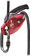 J.Racenstein ISC Descender D4 7/16in, D5 1/2in, a climbing safety device with a red body, black handle, and a metal locking mechanism integrated with a black braided rope.