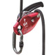 J.Racenstein ISC Descender D4 7/16in, D5 1/2in climbing descender with red and black design, carabiner, and safety ropes for rock climbing and professional rescue.