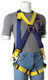Gemtor #933H-2 Front Back Side D-Ring Harness Gemtor Universal, safety harness with front, back and side D-rings in yellow and blue color, worn by a mannequin in grey t-shirt and jeans.