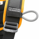 J.Racenstein Itaka Harness Kong, close-up view of the adjustable harness with a gray loop and buckle, featuring a black label with white text on a yellow and black strap.