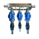 ProTool 6 Port Soft Wash Metering Manifold Clear, industrial water system manifold with blue manual valves and stainless steel fittings for precise water flow control.
