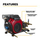 BE 8.5 GPM 3500 PSI 8GPM Cold Water Gas Pressure Washer, image showing the pressure washer with labeled features including heavy duty belt driven system, Centurion CTB2S Triplex Pump, external unloader, electric start, and truck mount ready design.