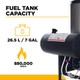 BE 8-10 GPM Diesel Fired Hot Box 12V - 99012V, a diesel-powered heating equipment with a fuel tank capacity of 26.5 liters or 7 gallons and an 880,000 BTU heat output.