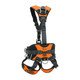 Kong Safety Equipment Kong X-Five Harness, orange and black fall arrest harness with adjustable straps and metal D-rings for safety during climbing or construction work.