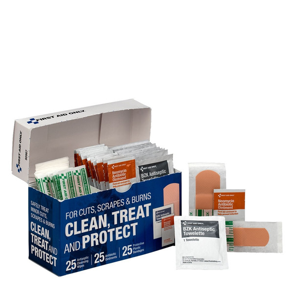 Clean, Treat and Protect for Cuts, Scrapes & Burns with 25 BZK Antiseptic Wipes, 25 Antibiotic Ointment Packets, and 25 Protective Plastic Bandages, 1" x 3" and ¾" x 3"