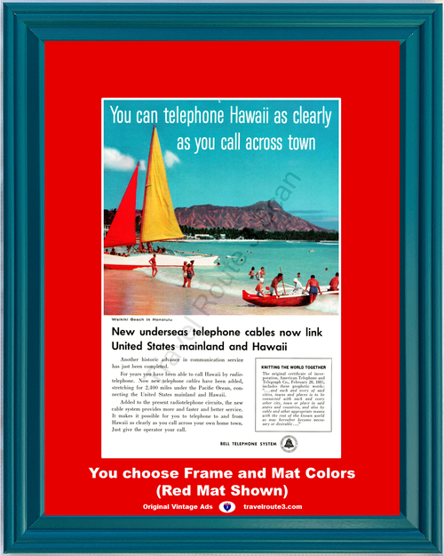 1957 57 Bell Telephone Hawaii Honolulu Diamond Head Sailboat Beach Swimming Ocean Phone Vintage Ad