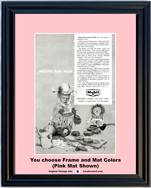 1957 57 Socony Mobile Recipe for Mud Little Girl Raggedy Ann Doll Pegasus Oil Vintage Ad