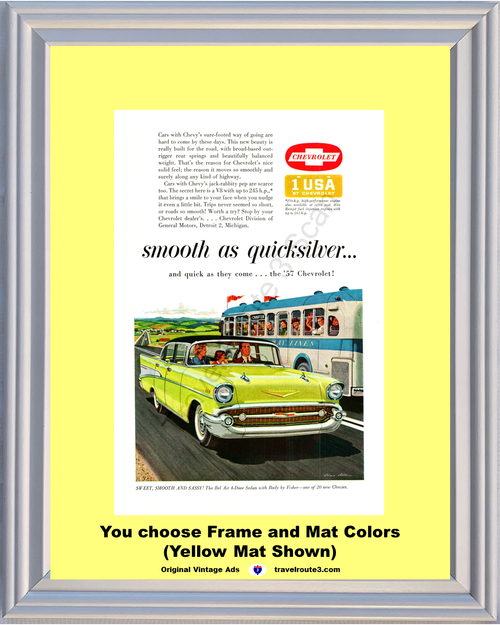 1957 Chevrolet Bel Air Vintage Ad 57 Chevy Smooth as Quicksilver Smooth Sassy Charter Bus **You Choose Frame-Mat Colors-Free USA Priority Shipping**