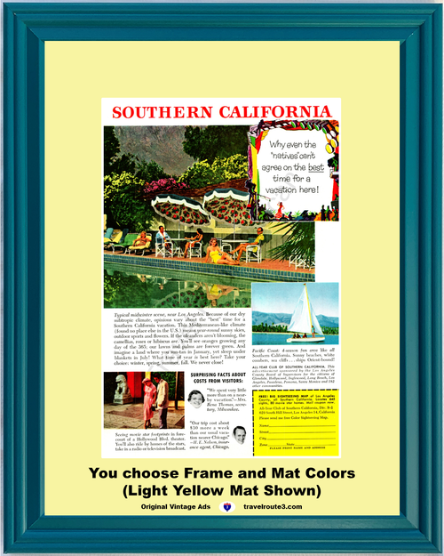 1956 Southern California Vacation Vintage Ad SoCal Travel Swimming Pool Sailboat Sail Boat Pacific Ocean 56 *You Choose Frame-Mat Colors-Free USA S&H*