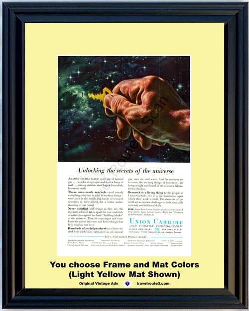 1956 Unlocking Secrets of the Universe Vintage Ad Union Carbide Research Science Textile Fibers Stainless Steel Hand 56 **You Choose Frame-Mat Colors-Free USA Priority Shipping**