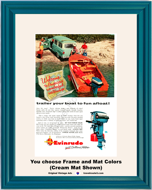 1956 Evinrude Wooden Boat Motor Vintage Ad Ford Station Wagon Marine Outboard Water Waterways 56 *You Choose Frame-Mat Colors-Free USA S&H*