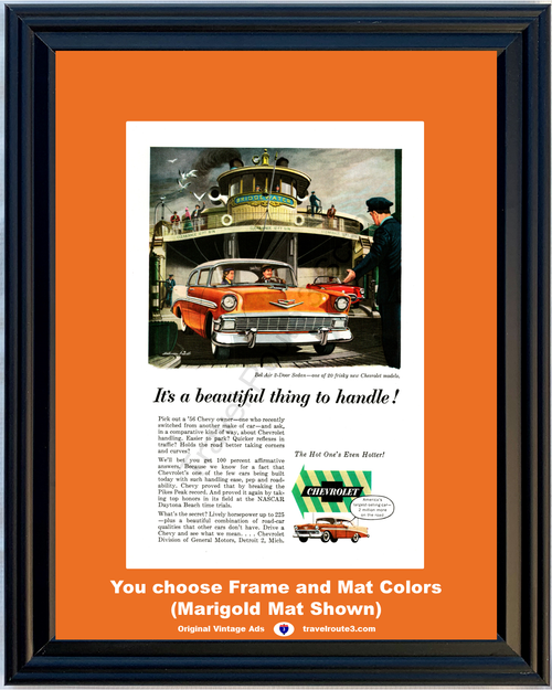 1956 Chevrolet Bel Air Vintage Ad 56 Chevy 2 Door Sedan Sierra Gold Bridgewater Ferry New Jersey Boat *You Choose Frame-Mat Colors-Free USA S&H*