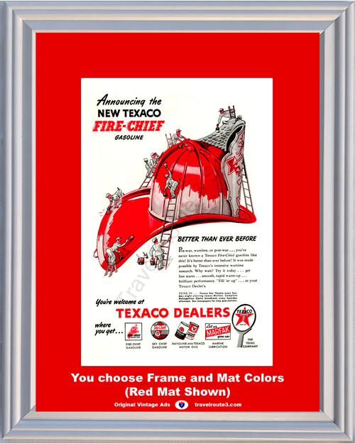 1946 Texaco Fire Chief Vintage Ad Helmet Gasoline Gas Havoline Texas Marfak Station Dealer 46 *You Choose Frame-Mat Colors-Free USA S&H*