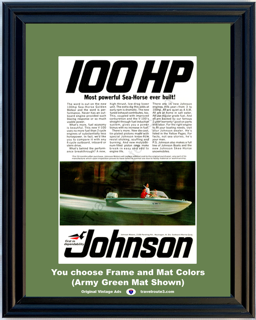 1966 100 HP Horsepower Johnson Sea Horse Vintage Ad Golden Meteor Outboard Engine Boat Boating 66 *You Choose Frame-Mat Colors-Free USA S&H*