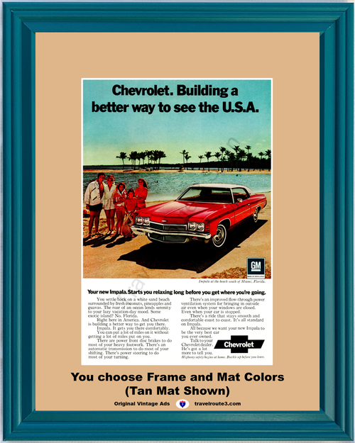 1972 Chevrolet Chevy Impala Vintage Ad Miami Florida FL Beach Relaxing Travel Vacation Red Palm Trees 72 *You Choose Frame-Mat Colors-Free USA S&H*