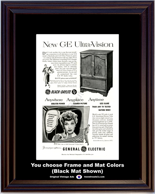 1952 Lucille Ball I Love Lucy Vintage Ad General Electric GE Television TV Ultra Vision Black Daylite Stratopower 52 *You Choose Frame-Mat Colors-Free USA S&H*