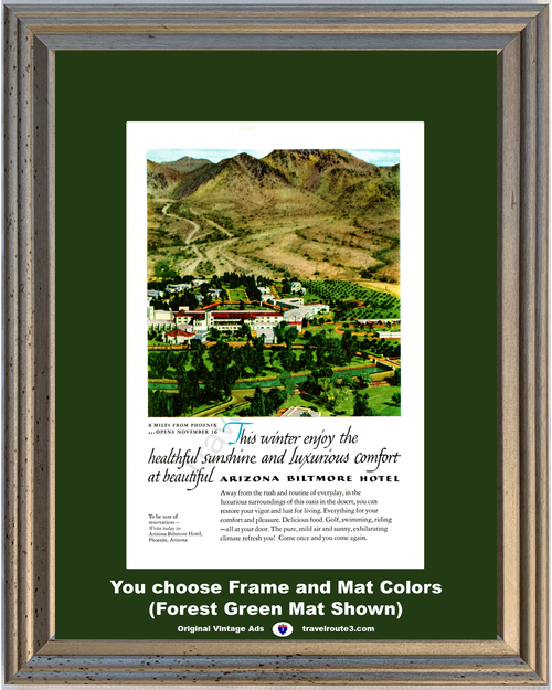 1952 Arizona Biltmore Hotel Vintage Ad Phoenix AZ Grand Opening Winter Healthful Sunshine Luxurious 52 *You Choose Frame-Mat Colors-Free USA S&H*