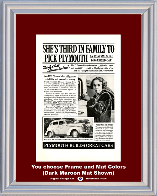 1937 Plymouth DeLuxe Touring Sedan Vintage Ad De Luxe 4 Door Builds Great Cars Most Reliable Woman Fur 37 *You Choose Frame-Mat Colors-Free USA S&H*