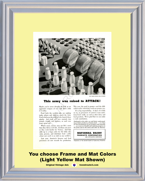 1943 Cheese Milk Attack WWII Vintage Ad Army World War II 2 Eggs Weapon Soldiers Marching National Dairy 43 *You Choose Frame-Mat Colors-Free USA S&H*