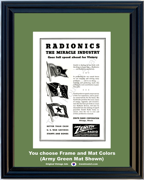 1943 Zenith Radio World War II Vintage Ad WWII 2 Radionics Army Navy Minuteman Home Front Flags Victory 43 *You Choose Frame-Mat Colors*