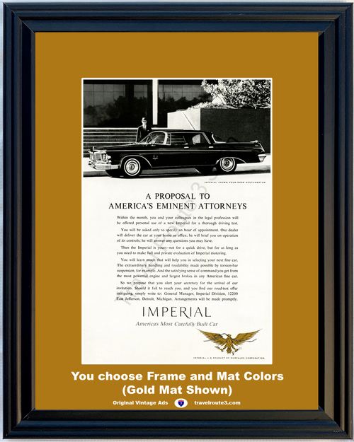 1962 Chrysler Imperial Vintage Ad America's Eminent Attorneys Test Drive Crown Four 4 Door Southampton 62 *You Choose Frame-Mat Colors*