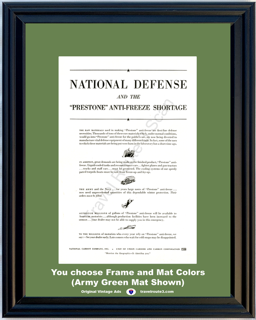 1941 Prestone World War II Vintage Ad Antifreeze Coolant WWII WW2 2 Army Navy Tanks Fighter Planes 41 *You Choose Frame-Mat Colors-Free USA S&H*