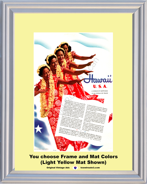 1941 Hawaii World War II 2 Vintage Ad WWII WW2 Travel Vacation Hula Dance Dancers Happiness Peace Pearl Harbor 41 *You Choose Frame-Mat Colors-Free USA S&H*