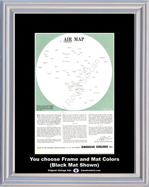 1943 World War II 2 Air Map Vintage Ad WWII WW2 American Airlines Transportation USA Canada Mexico 43 *You Choose Frame-Mat Colors-Free USA S&H*