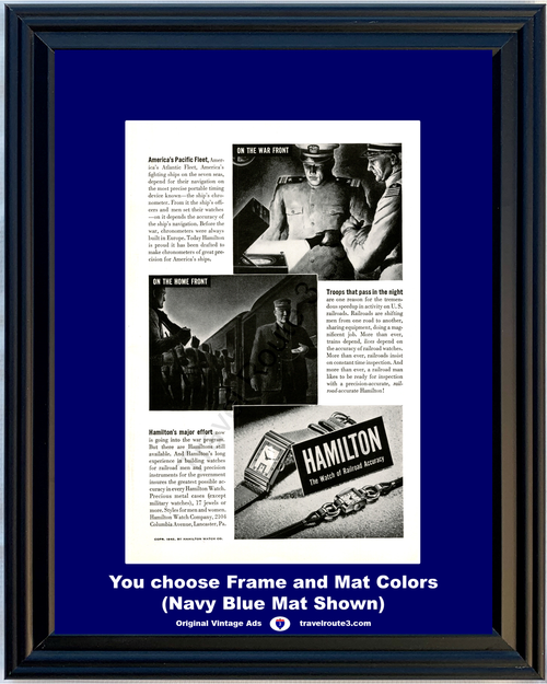 1942 Navy WWII WW2 Vintage Ad Navy Hamilton Watch World War II 2 Pacific Fleet Ship Chronometer Troops 42 *You Choose Frame-Mat Colors-Free USA S&H*