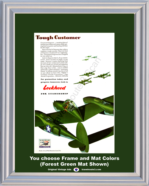 1942 P-38 Lightning WWII WW2 Vintage Ad Lockheed Fighter Plane Tough Customer Aircraft Firepower 42 *You Choose Frame-Mat Colors-Free USA S&H*