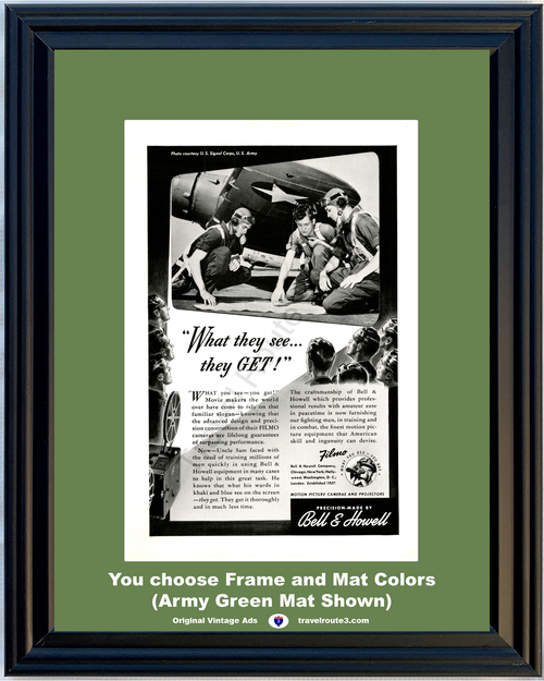 1942 WWII WW2 Training Videos Vintage Ad World War II 2 Bell and Howell What They You See They You Get Filmo 42 *You Choose Frame-Mat Colors-Free USA S&H*