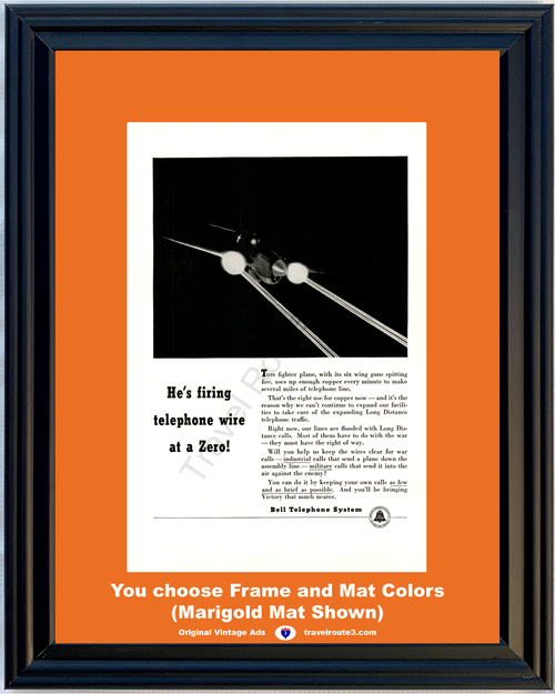 1942 WWII WW2 Mustang Vintage Ad World War II 2 Fighter Plane Bell Telephone ATT Copper Wire at a Zero 42 *You Choose Frame-Mat Colors-Free USA S&H*