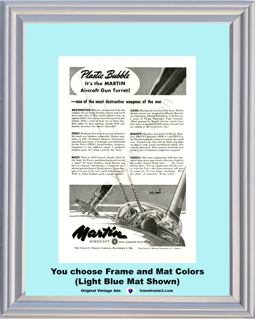 1944 WWII WW2 Aircraft Gun Turret Vintage Ad World War II 2 Martin Plastic Bubble Machine Gun Warplane Airplane 44 *You Choose Frame-Mat Colors-Free USA S&H*