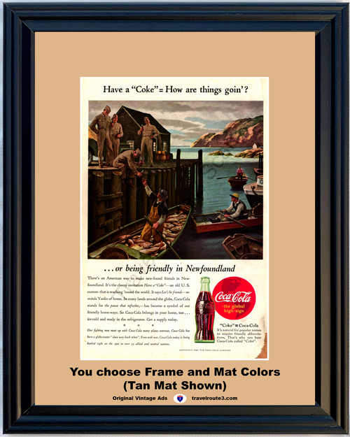 1944 Coca-Cola WWII WW2 Newfoundland Vintage Ad Coke World War II 2 Soldiers Fishermen Have a Ice Cold 44 *You Choose Frame-Mat Colors-Free USA S&H*