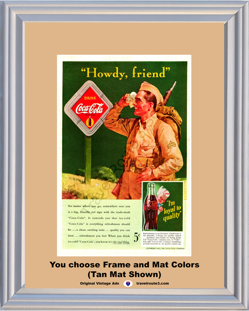 1942 WWII WW2 Soldier Coca Cola Vintage Ad Coke Howdy Friend Road Sign Post Drink The Real Thing Ice Cold 42 *You Choose Frame-Mat Colors*
