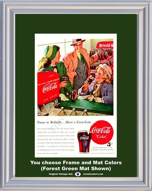 1948 Coca Cola Soda Fountain Vintage Ad Coke 6 Bottle Carton The Pause That Refreshes Ice Cold Drink Frosty 48 *You Choose Frame-Mat Colors-Free USA S&H*