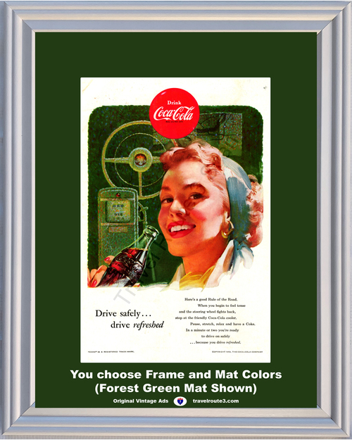 1953 Coca Cola Gas Pump Vintage Ad Coke Pretty Woman Steering Wheel Drive Safely Refreshed Cooler Drink 53 *You Choose Frame-Mat Colors-Free USA S&H*