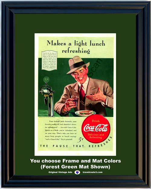 1940 Coca Cola Soda Fountain Vintage Ad Drink Light Lunch Pause That Refreshes Ice Cold Sandwich Coke 40 *You Choose Frame-Mat Colors-Free USA S&H*