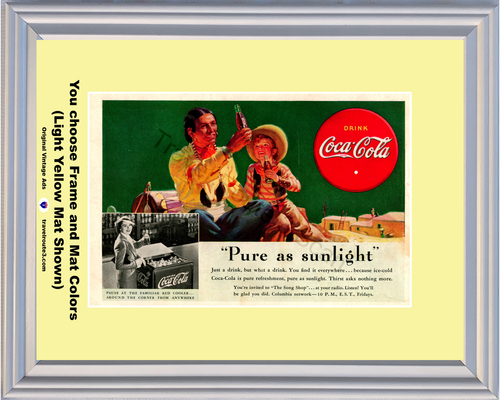 1938 Coca Cola American Indian Vintage Ad Cowboy Red Cooler Pure as Sunlight Ice Cold Thirst Drink Coke 38 *You Choose Frame-Mat Colors-Free USA S&H*