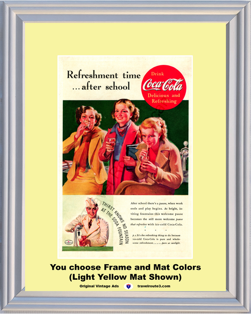 1937 Coca Cola School Girls Soda Fountain Vintage Ad Pause That Refreshes Ice Cold Drink Pure as Sunlight Coke 37 *You Choose Frame-Mat Colors-Free USA S&H*