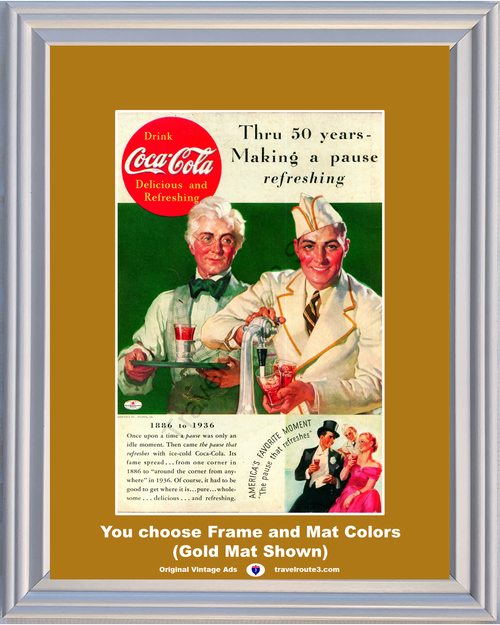 1936 Coca Cola Soda Fountain 50th Anniversary Vintage Ad Pause That Refreshes Ice Cold Refreshing Coke 36 *You Choose Frame-Mat Colors-Free USA S&H*