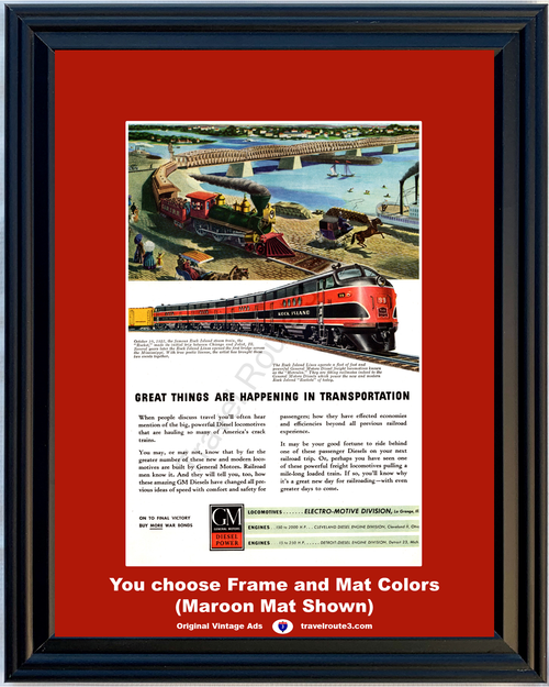 1945 WWII WW2 GM Trains Vintage Ad World War II 2 General Motors Diesel Locomotive Engine Rock Island Lines 45 *You Choose Frame-Mat Colors-Free USA S&H*
