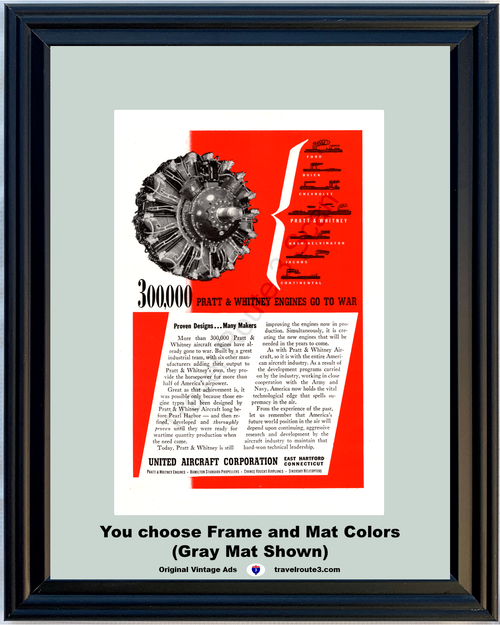 1945 WWII WW2 Aircraft Engines Vintage Ad United Pratt & Whitney Ford Buick Chevrolet Nash Kelvinator World War II 2 45 *You Choose Frame-Mat Colors-Free USA S&H*