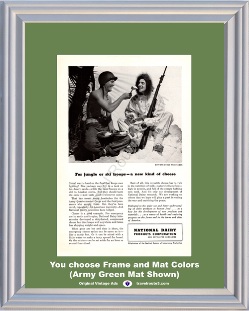 1943 WWII WW2 Jungle Ski Troops Vintage Ad Army Quartermaster Corps Soldiers Cheese National Dairy World War II 2 43 *You Choose Frame-Mat Colors-Free USA S&H*