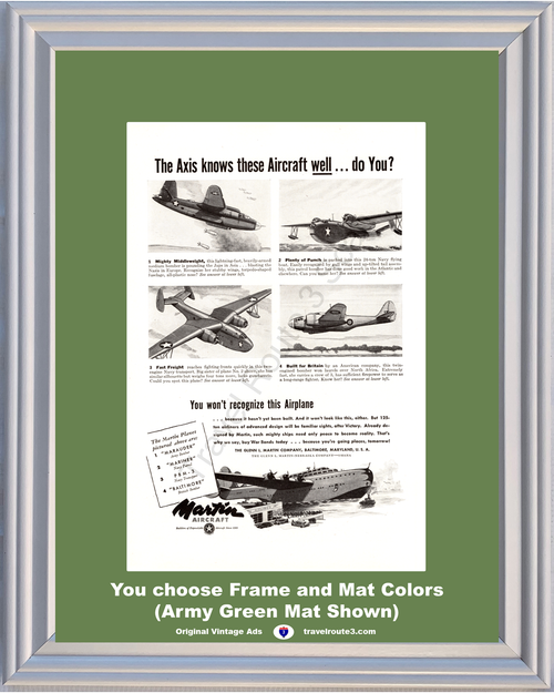 1943 WWII WW2 Bomber Army Navy Aircraft Vintage Ad Martin Marauder Mariner PBM-3 Baltimore World War II 2 43 *You Choose Frame-Mat Colors-Free USA S&H*