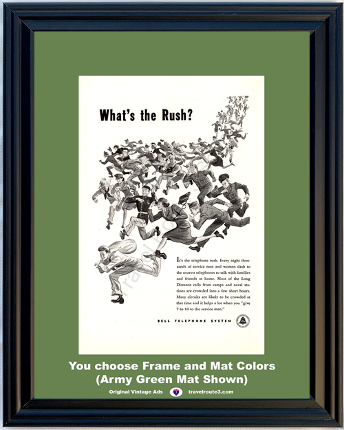 1944 WWII WW2 Bell Telephone ATT Vintage Ad What's the Rush Army Navy Soldiers Military Long Distance World War II 2 44 *You Choose Frame-Mat Colors-Free USA S&H*